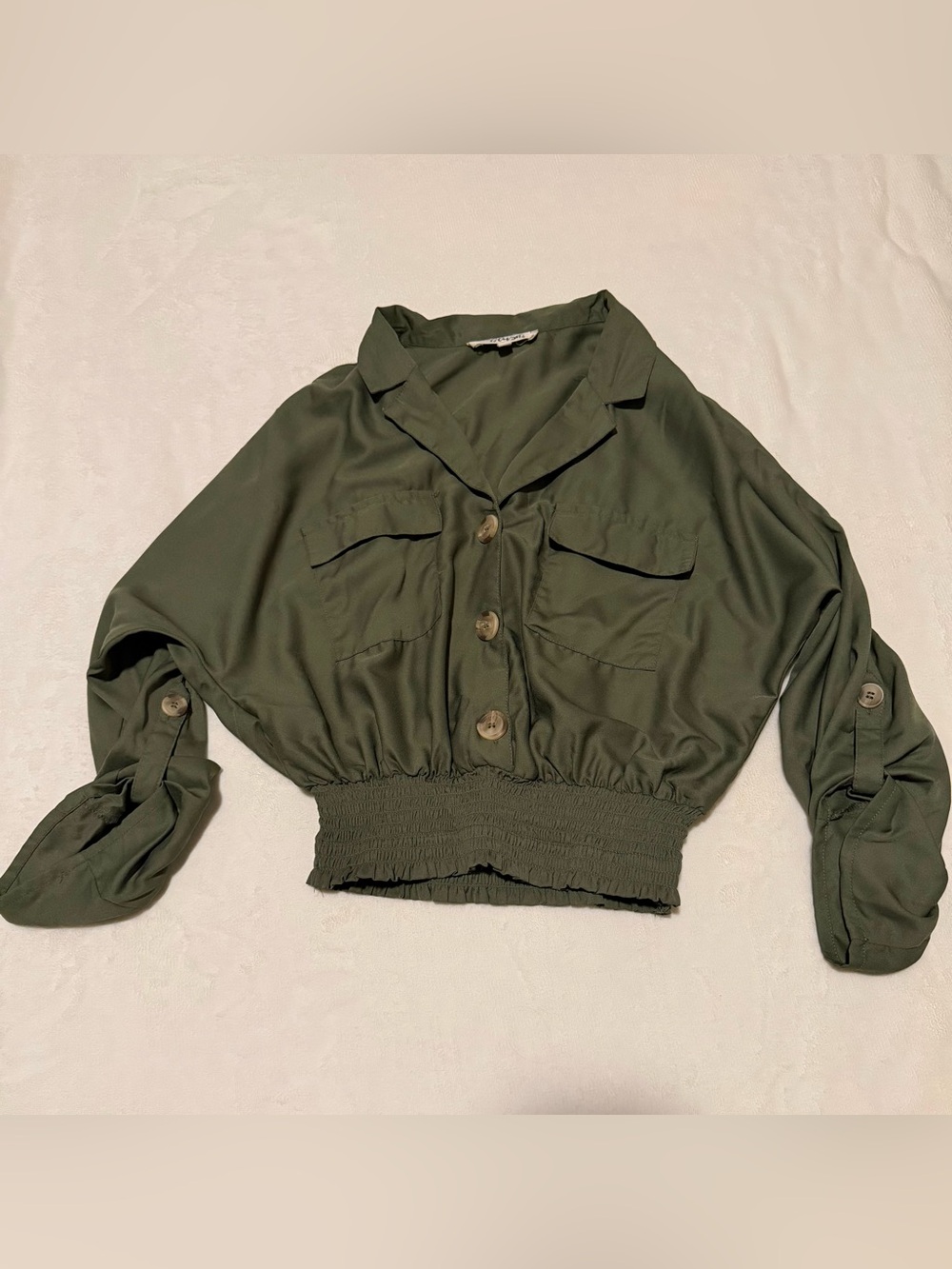 Blush Olive Green Utility Crop Blouse M Smocked Waist Roll Tab Sleeves